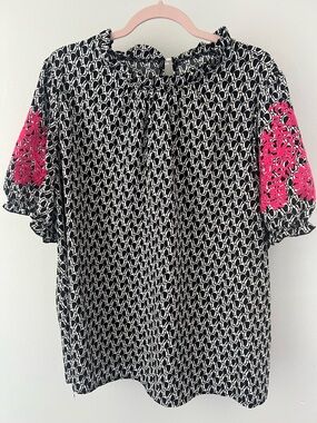 SHEIN Black & White Geometric Blouse with Pink Embroidered Sleeves